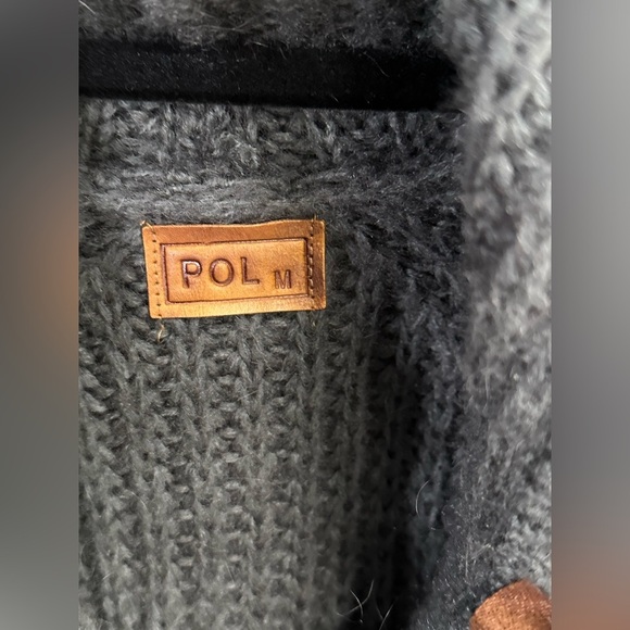 POL Gray Hooded chunky wool Cardigan Coat M Lagenlook Cottagecore Elbow Patch - Picture 3 of 6
